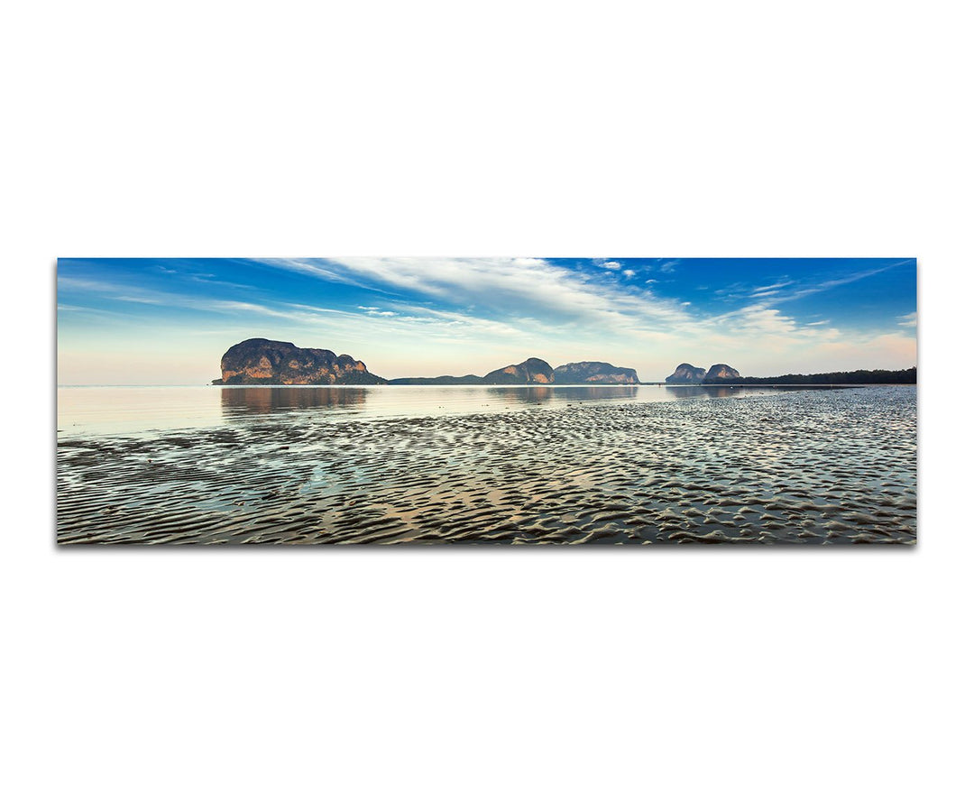 Paul Sinus Art Panoramabild auf Leinwand und Keilrahmen 150x50cm Strand Meer Felsen Wolkenschleier S