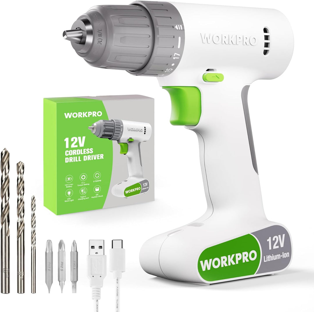 WORKPRO Akkuschrauber 12V, Akku Bohrschrauber 19NM Drehmoment, 3/8" Bohrfutter, 17+1 Drehmomenteinst