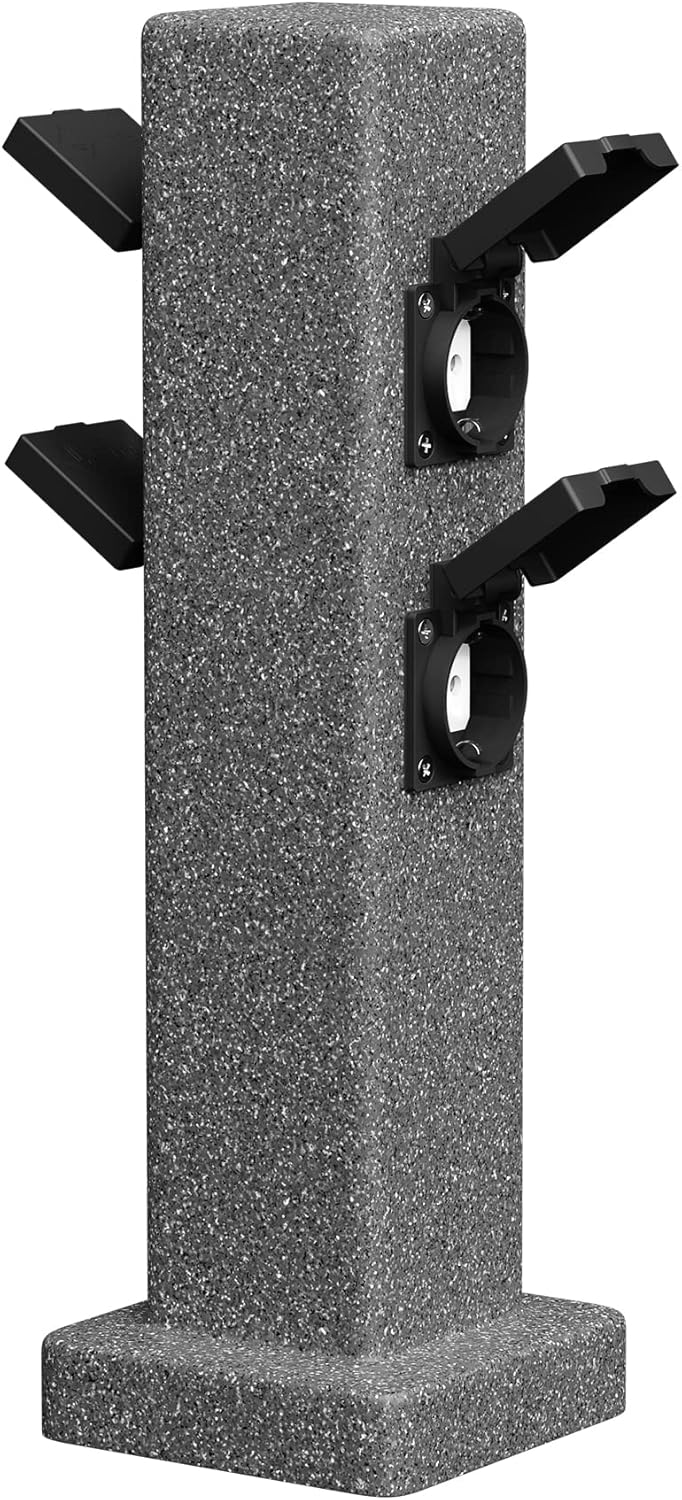 ledscom.de Garten Steckdosensäule POCK, Outdoor, IP44, 4-fach, anthrazit (Stein-Optik), eckig, 40 cm