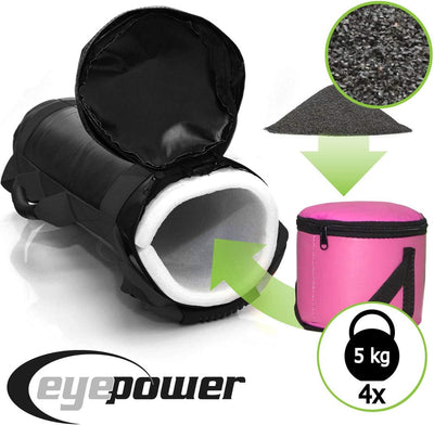 EYEPOWER 20kg Power Bag + 4 Kettlebell Gewichte - Befüllt mit Eisensand - Besser als Geräte: 6 Griff