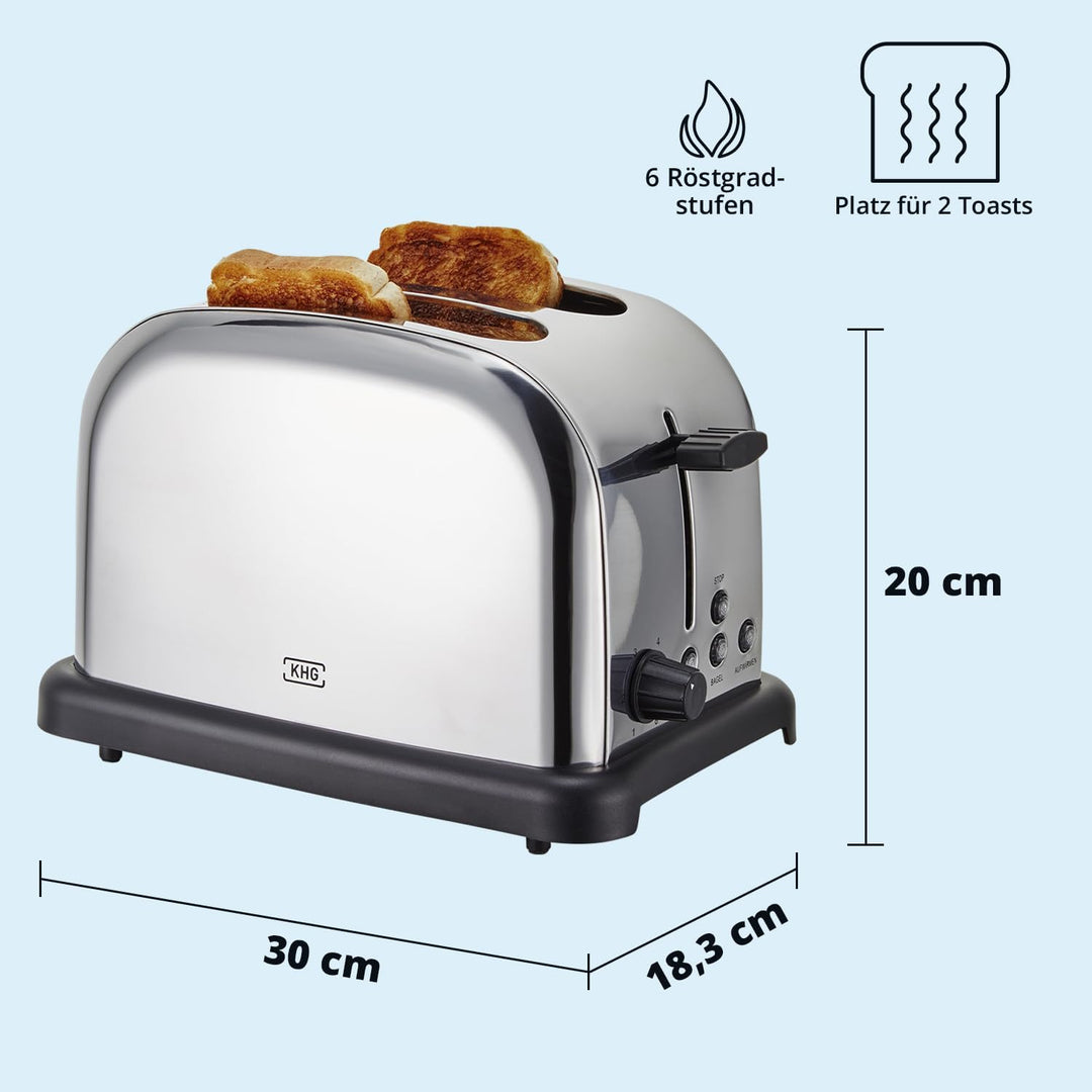 KHG Frühstücksset Wasserkocher & Toaster, Edelstahl Silber Chrom, Kapazität 1 Liter & 2 Scheiben, pr