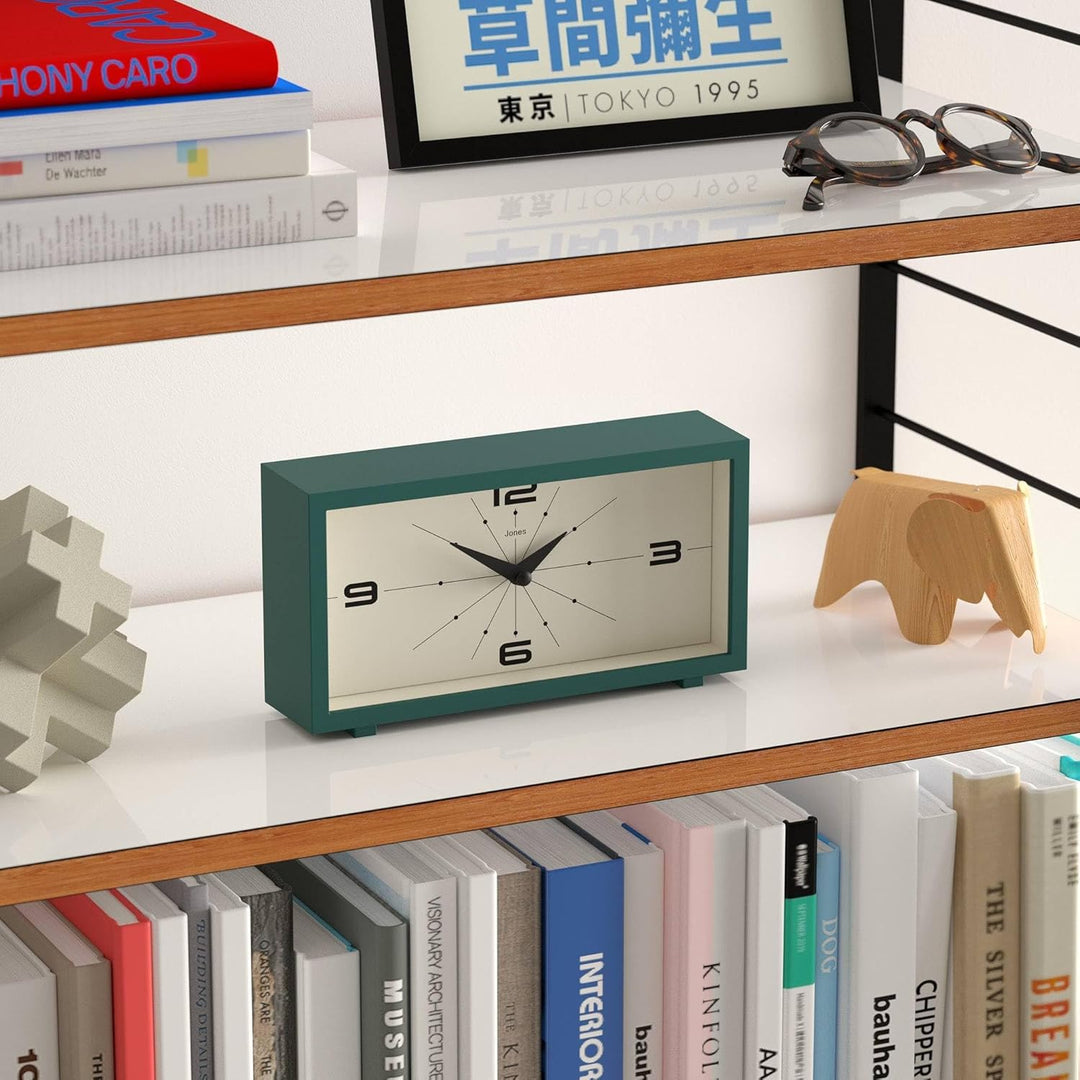 JONES CLOCKS® Schreibtischuhr 'Odeon' – modernes rechteckiges Design in Grün, stilvoller Retro-Look