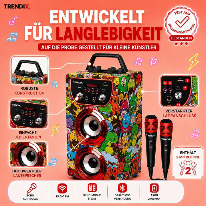 Trendix - Karaoke Maschine Kinder Monster Club | Karaoke Anlage Mit 2 Mikrofonen, Radio Fm, USB, Blu