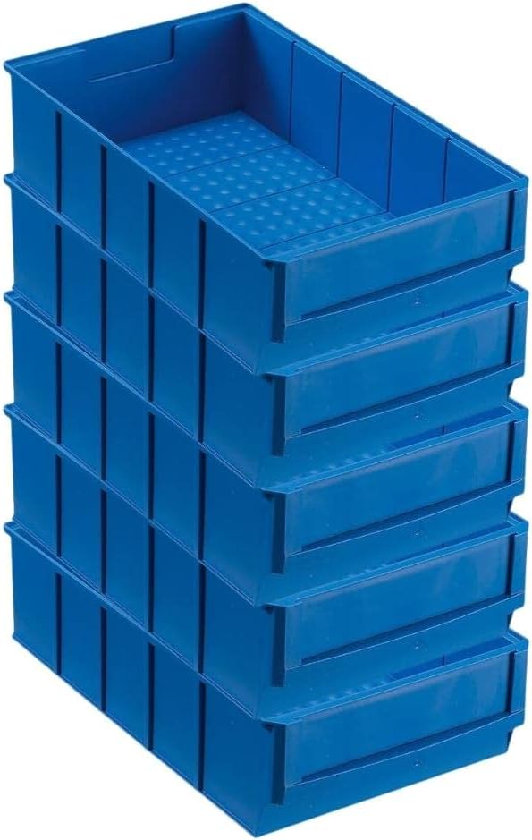 SparSet 5x Blaue Industriebox 300 B | HxBxT 8,1x18,3x30cm | 3,4 Liter | Sichtlagerkasten, Sortiments
