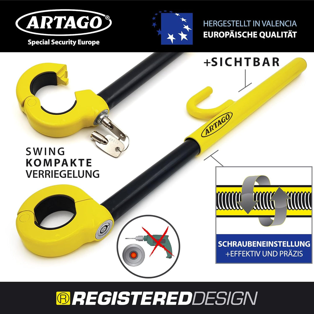 Artago 840A/B Lenkradkralle Auto Universal, Kompakte Schwenkarretierung, Hochsicherheitsschloss mit