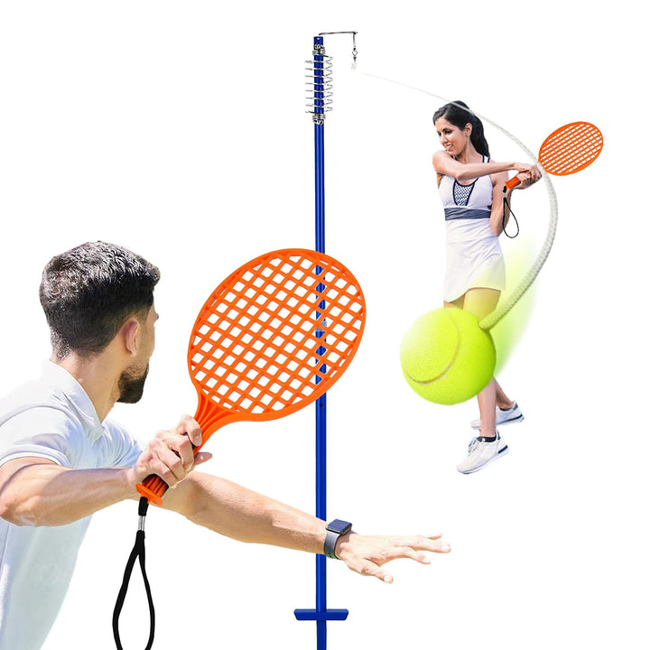 GYMAX Tetherball Set, 3-stufig höhenverstellbares Twistball Set, inkl. 1 Tennisball & 2 Schlägern &