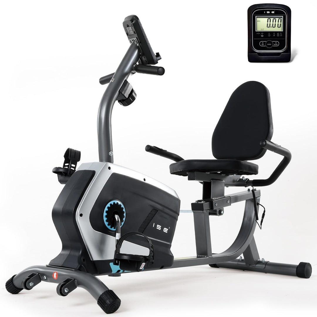 ISE Ergometer Liege- Heimtrainer mit Magnetbremse, Pulssensoren und LCD-Display, 8 Widerstandsstufen