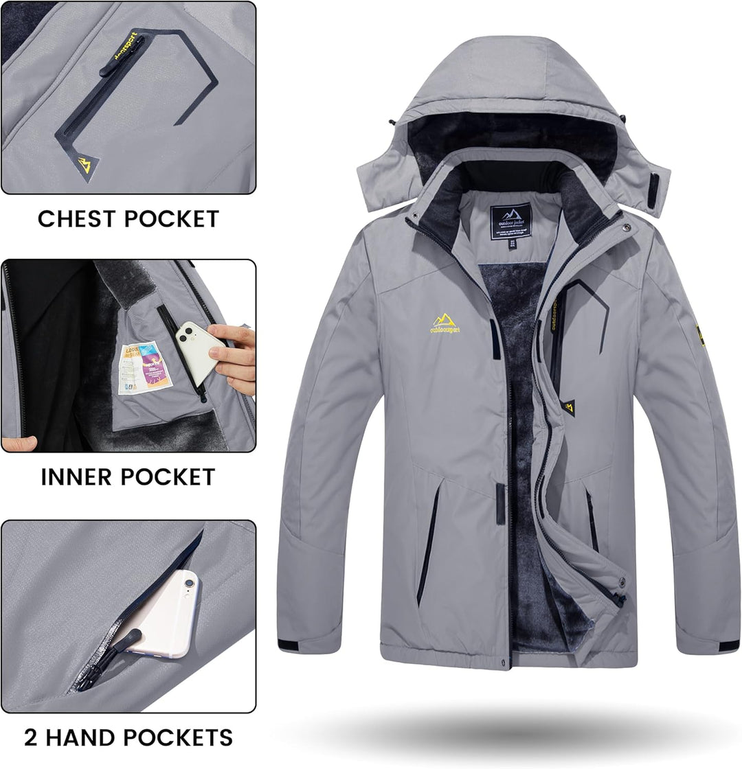 TACVASEN Herren Winter Wasserdichte Winddichte Winterjacke Warme Fleece-Futter Ski Regenmantel mit K