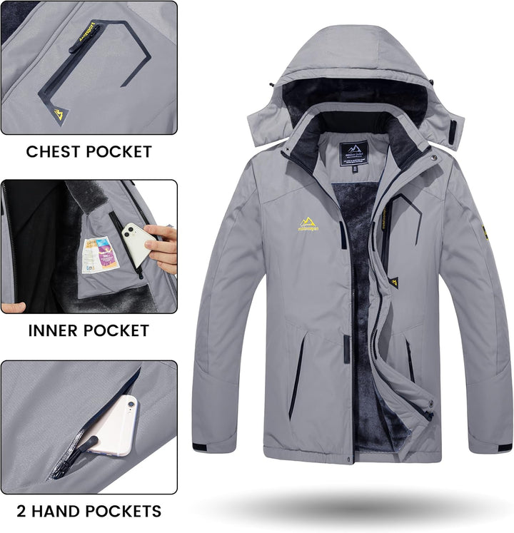 TACVASEN Herren Winter Wasserdichte Winddichte Winterjacke Warme Fleece-Futter Ski Regenmantel mit K