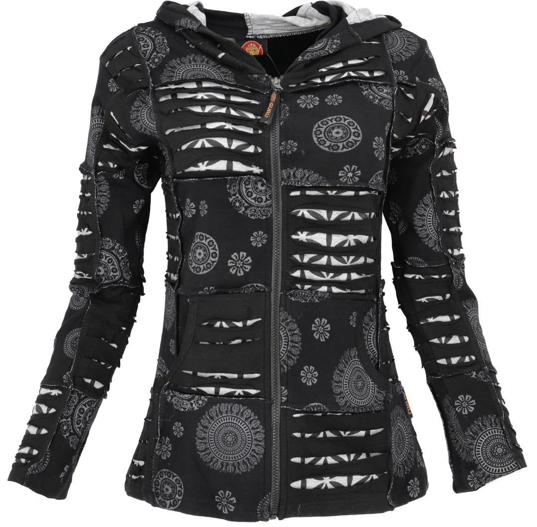 GURU SHOP Goa Patchwork Jacke, Kapuzenjacke, Damen, Baumwolle, Schwarz