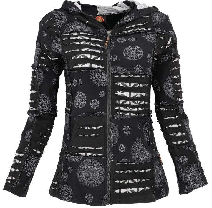 GURU SHOP Goa Patchwork Jacke, Kapuzenjacke, Damen, Baumwolle, Schwarz