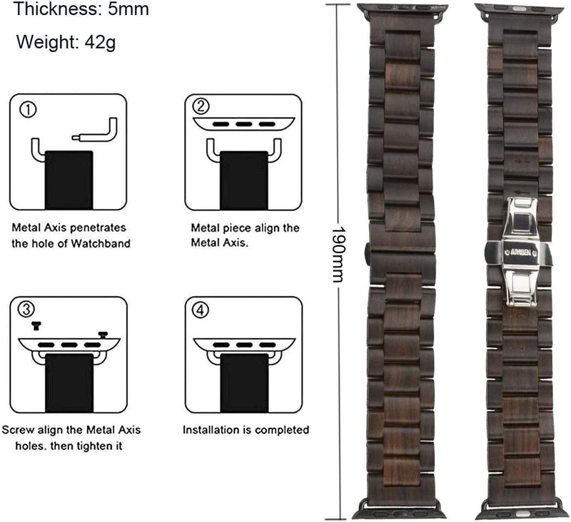 AIYIBEN Uhrenarmband aus Holz 42mm/44mm/45mm/49mm mit Schmetterlingsschnalle aus Edelstahl, kompatib