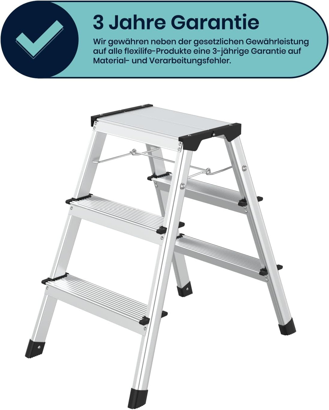 flexilife Trittleiter - Tritt Leiter Aluminium - Trittleiter 3 Stufen klappbar - Klappleiter bis 150