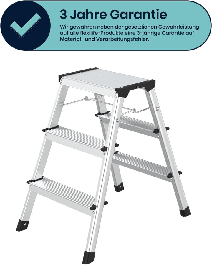 flexilife Trittleiter - Tritt Leiter Aluminium - Trittleiter 3 Stufen klappbar - Klappleiter bis 150
