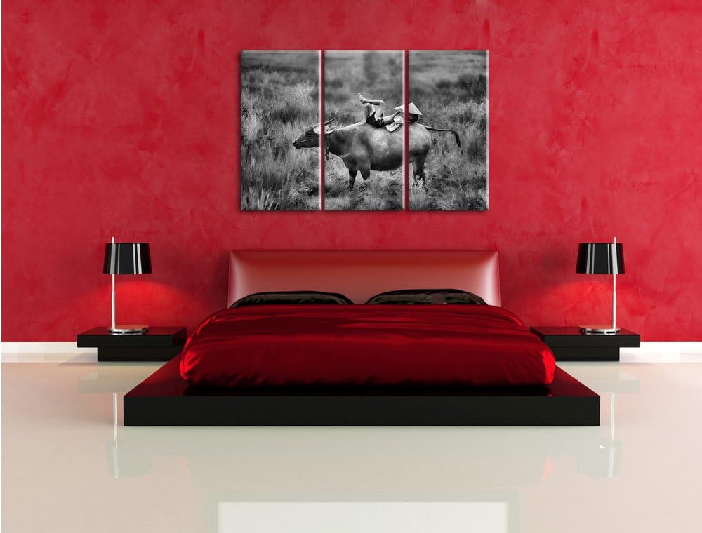 Pixxprint Monocrome, Wasserbüffel trägt Kind 3-Teiler Leinwandbild 120x80 Bild auf Leinwand