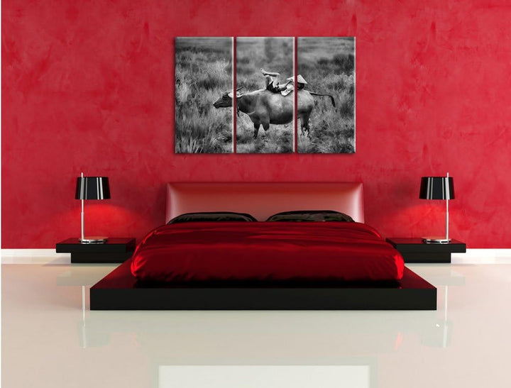 Pixxprint Monocrome, Wasserbüffel trägt Kind 3-Teiler Leinwandbild 120x80 Bild auf Leinwand