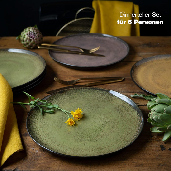 Moritz & Moritz VIDA 6er Dinner Teller Set Gelb-Grün-Rosa - Dinnerteller für 6 Personen - Porzellan
