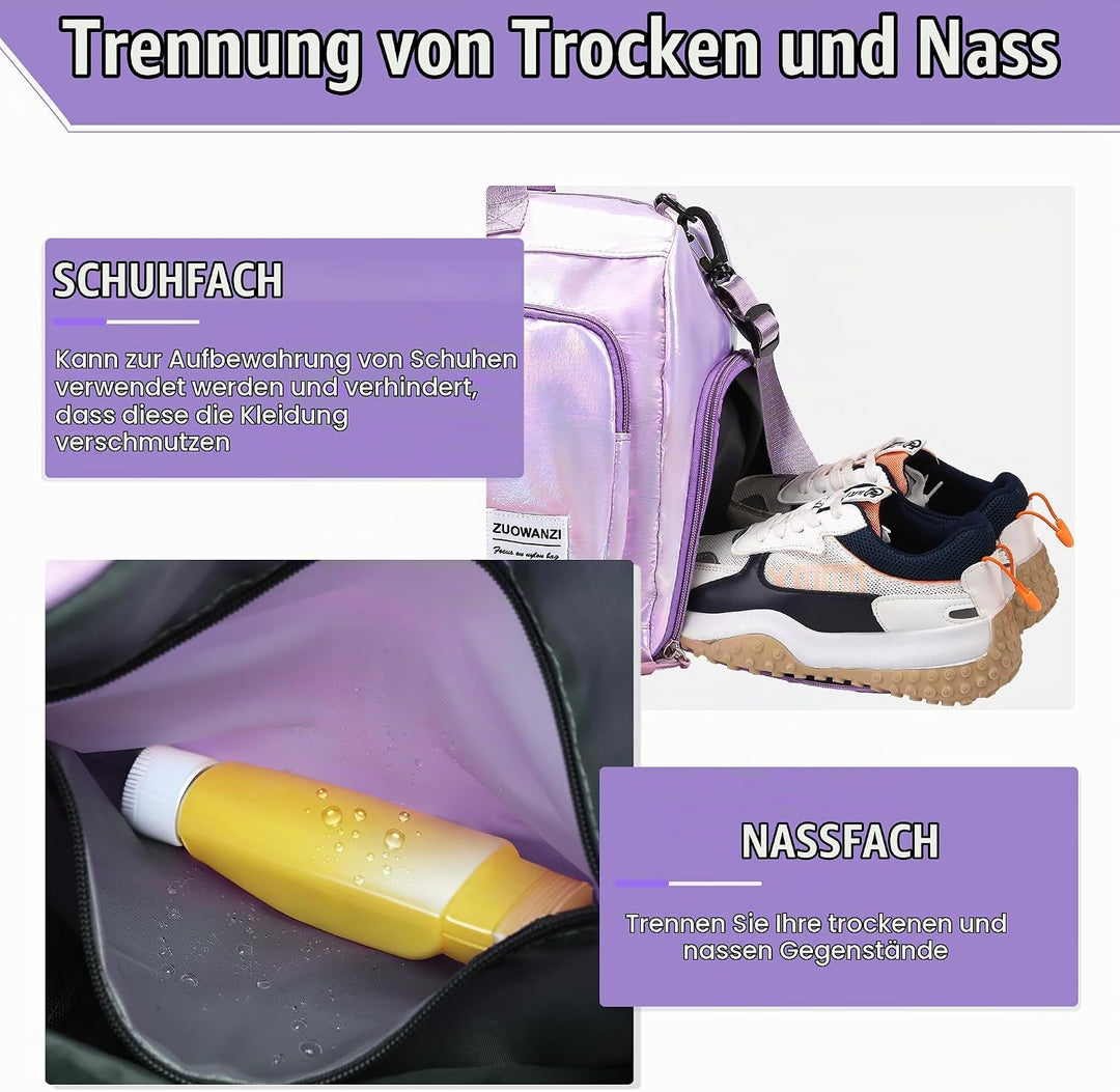 Sporttasche Damen Reisetasche mit Schuhfach und Nassfach, Wasserdicht Schwimmtasche Frauen Glitzer G