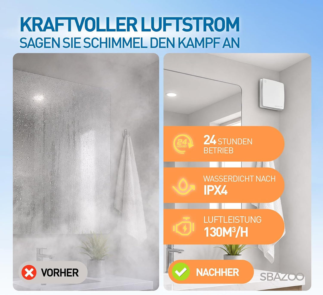 100mm Leiser Badlüfter mit Lichtschalter-Aktivierung – Weiss | 130m³/h Abluftventilator｜Wandlüfter m