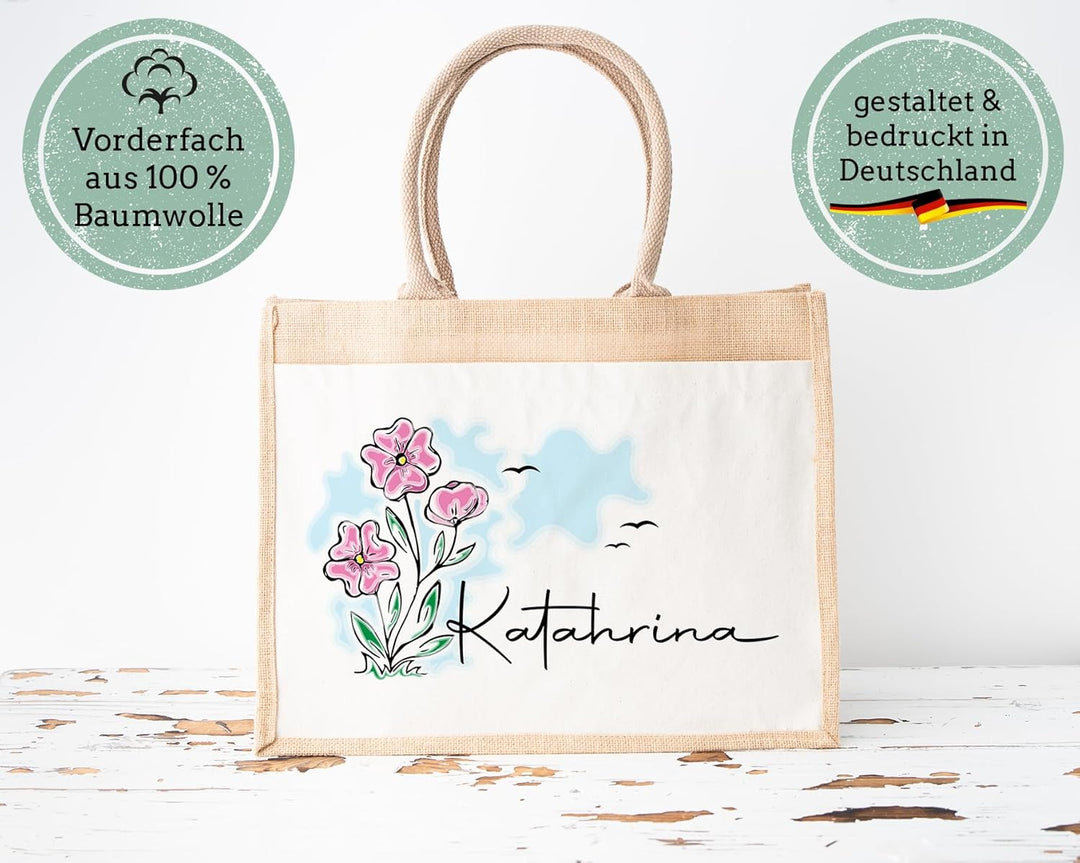 LIEBTASTISCH - Jutetasche mit Personalisierung - Blumen - Geschenk-Tasche - Verpackung - Abschied -