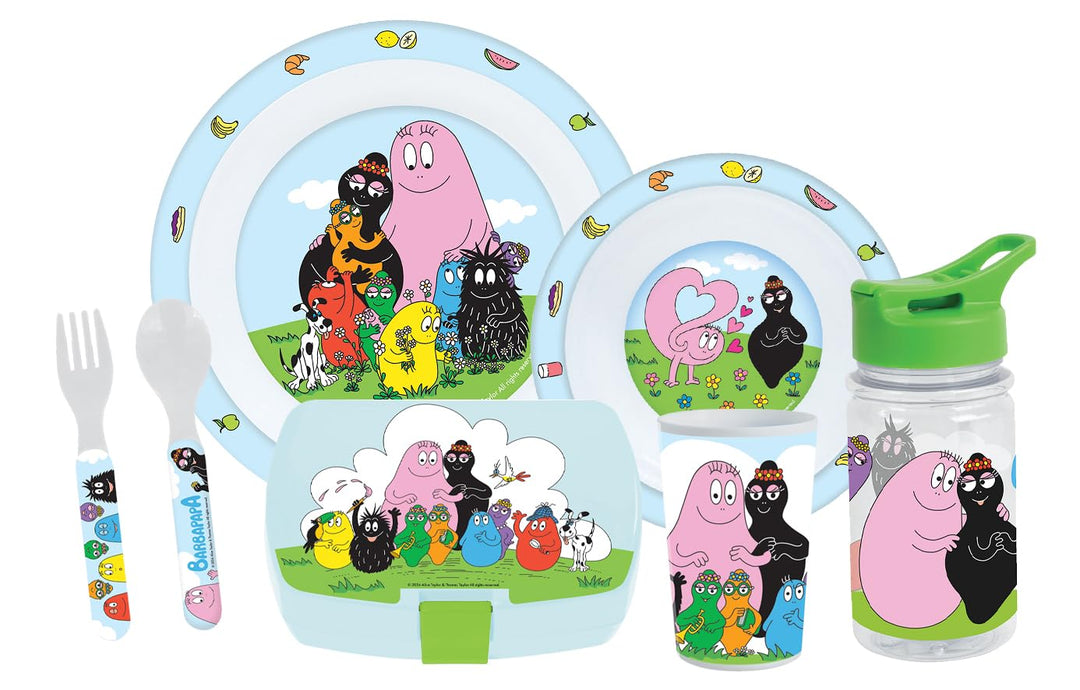 FUN HOUSE | Komplettes Set Lunchbox Barbapapa für Kinder | 1 Glas, 2 Teller + Besteck + Trinkflasche