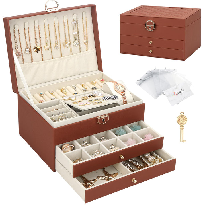 Schmuckkasten, Schmuckkästchen mit 3 Ebenen mit Schubladen, PU-Leder Schmuckbox Schmuckschatulle Gro