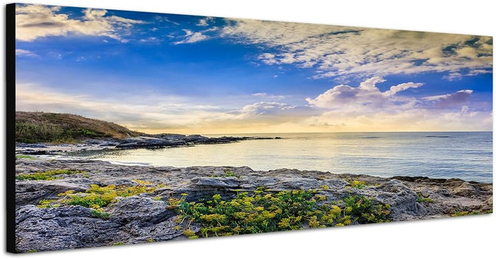 Paul Sinus Art Panoramabild auf Leinwand und Keilrahmen 150x50cm Küste Felsen Meer Wolken