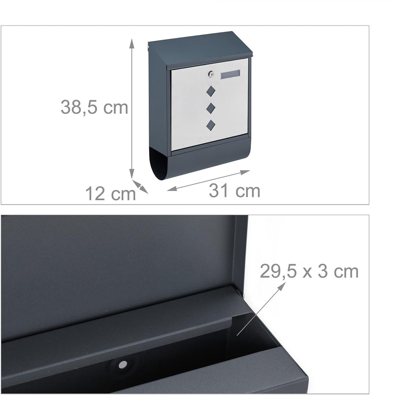 Relaxdays Briefkasten mit Zeitungsfach, moderner Postkasten, HBT: 38,5 x 31 x 12 cm, Stahl & Edelsta