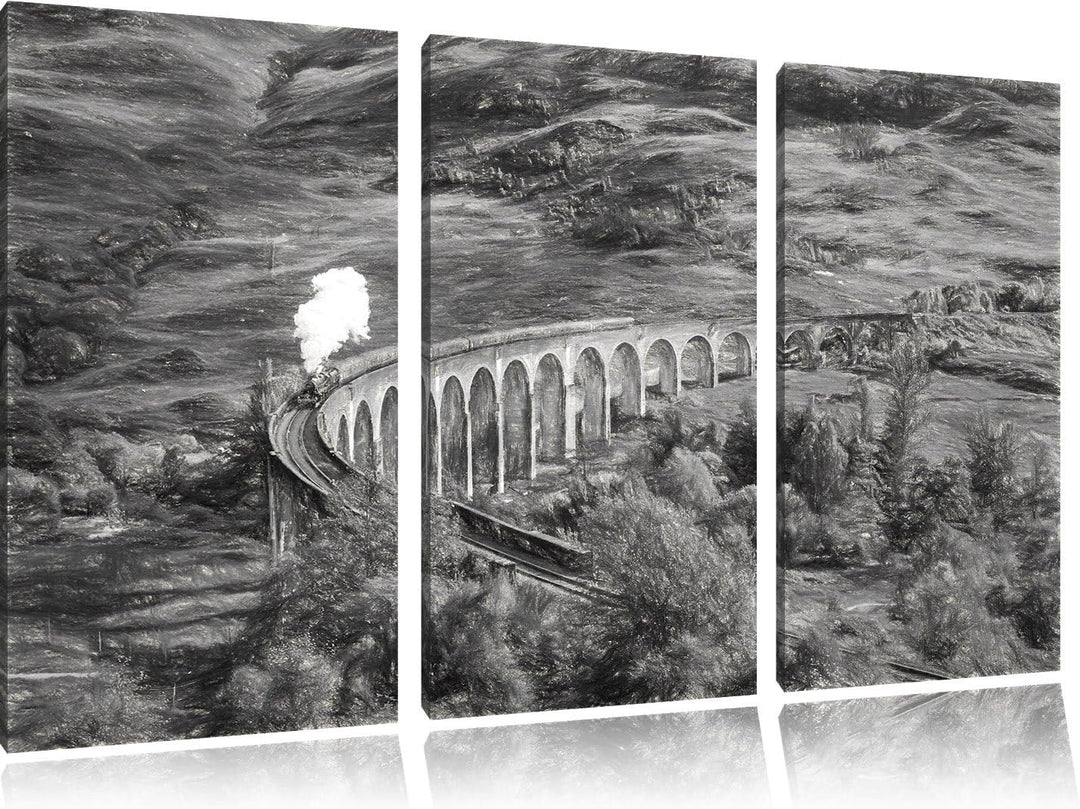 Pixxprint Glenfinnan Eisenbahnviadukt in Schottland Kunst Kohle Effekt 3-Teiler Leinwandbild 120x80
