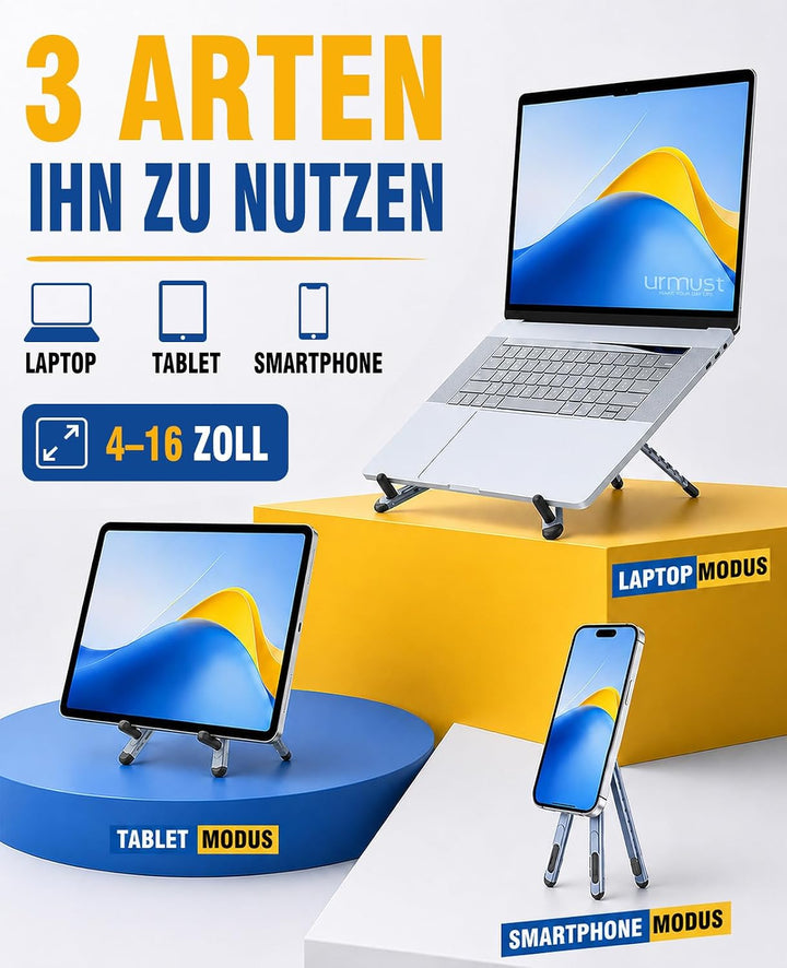 Urmust Leichter Laptop Ständer, Alu Tablet &amp; Magnet-Handyhalter Grau Grau Laptop Ständer 3-in-1, Gra
