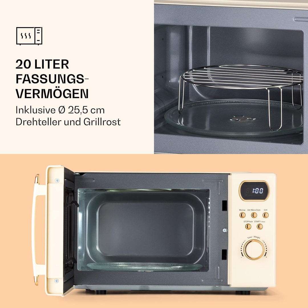 Klarstein Mikrowelle mit Grill, 800 Watt Mikrowelle Klein, 3-in-1Edelstahl-Mikrowelle Creme, Kleine