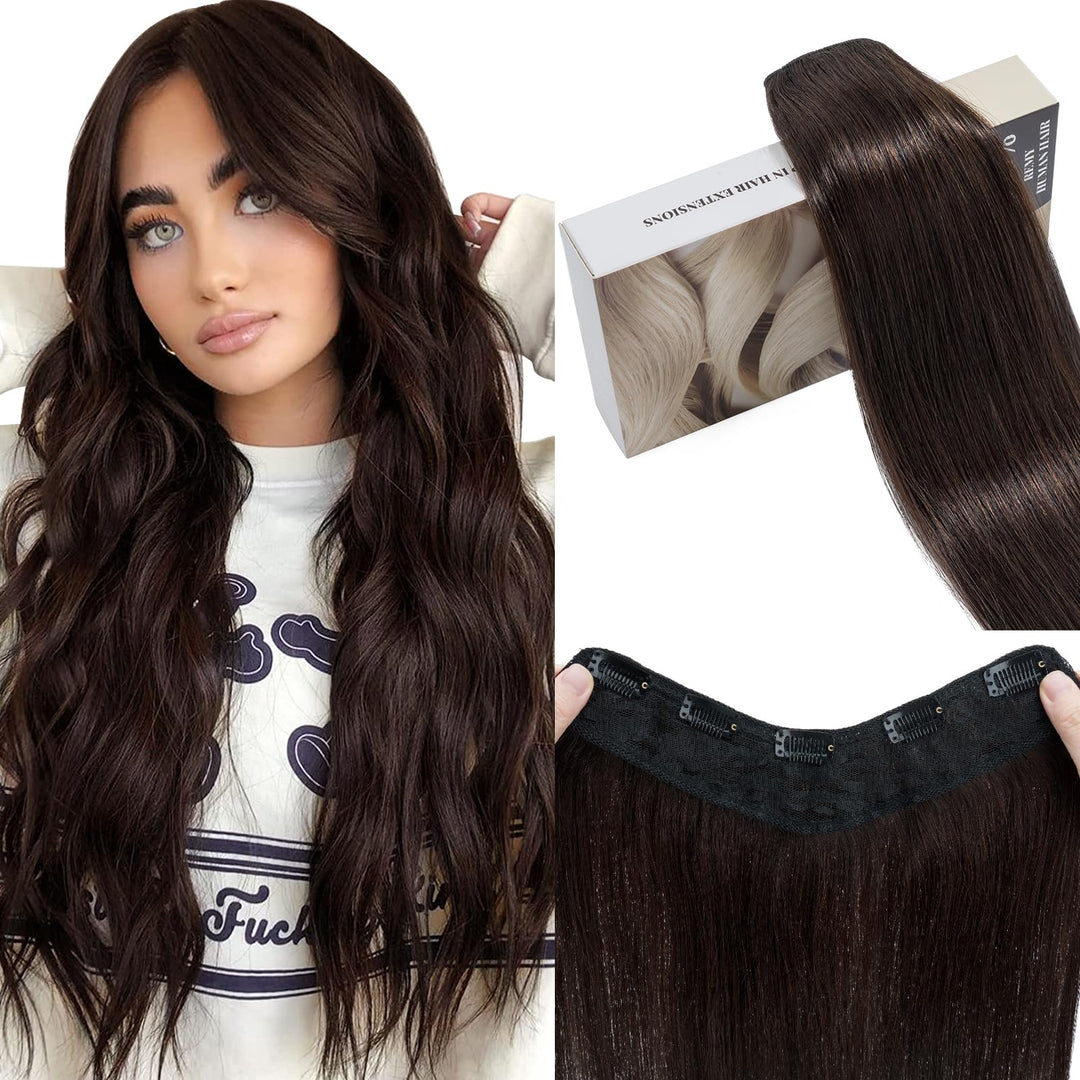 UK FASHION SHOP Clip Extensions In 100% Remy Echthaar für Frauen dunkelbraun glatt dick V-Form ein S