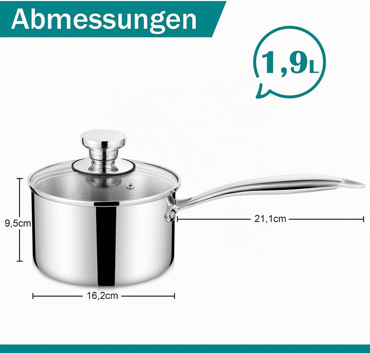 Homikit 16cm Stielkasserolle, 3-Lagen Edeastahl Kasserolle, Glasdeckel, Milchtopf Induktion 1,9L, Un