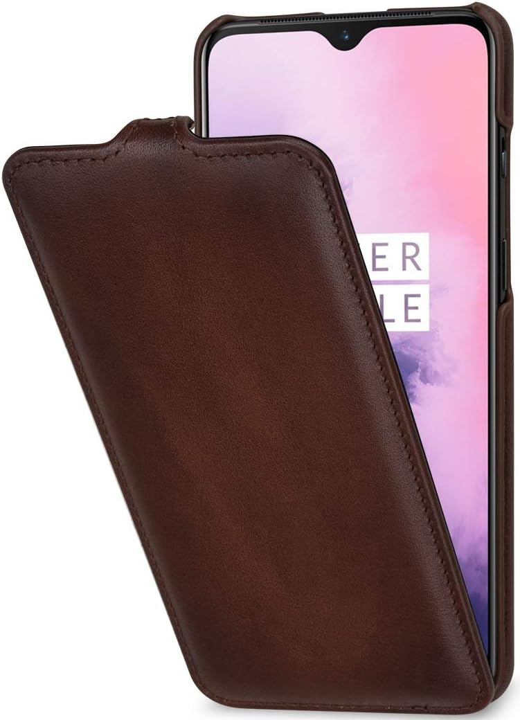 STILGUT Hülle geeignet für OnePlus 7 Lederhülle vertikales Flip-Case, braun antik, braun antik