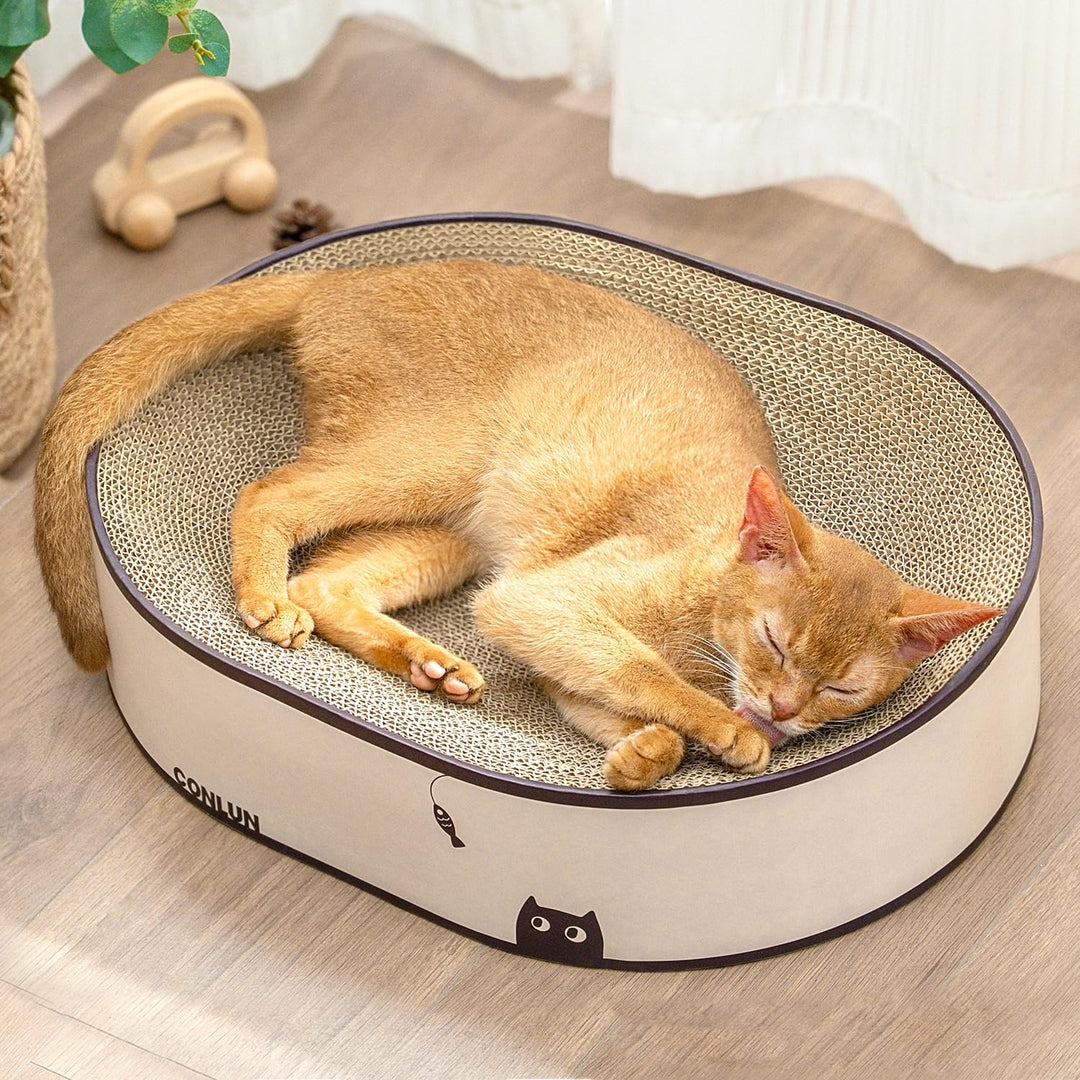 Conlun Katzen-Kratzbrett, Ovales Kratzpappe für Katzen, 2-in-1 Design aus Naturkarton, Kratzsofa-Lou