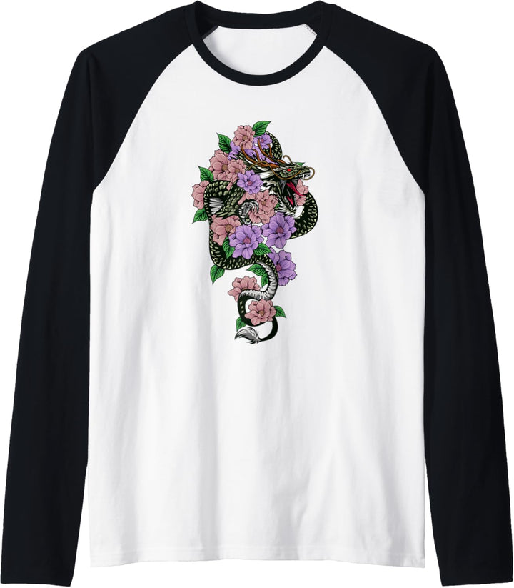 Japanische Mythologie, Drache und Blumen, Grafikkunst Raglan