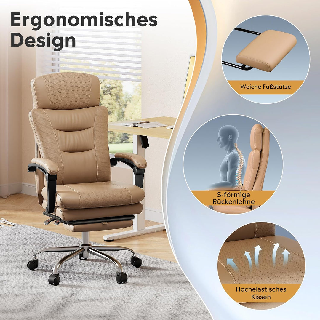 DEVAISE Chefsesse PU Leder: Bürostuhl Ergonomisch mit Fussstütze und Lendenwirbelstütze, Wippfunktio