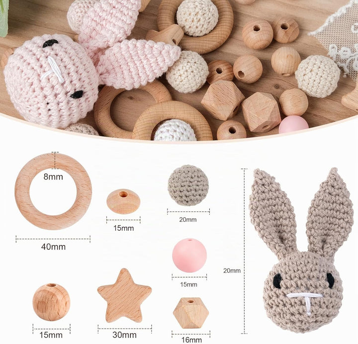 ARTREE Holzperlen und Ringe Set, 113 Stück Buche Runde Holzperlen mit Fädelloch, Makramee Perlen DIY