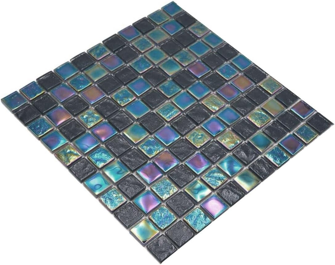 Mosaikfliese Glasmosaik small flip flop irisierend schwarz saphirblau mehrfarbig Küchenrückwand Dusc