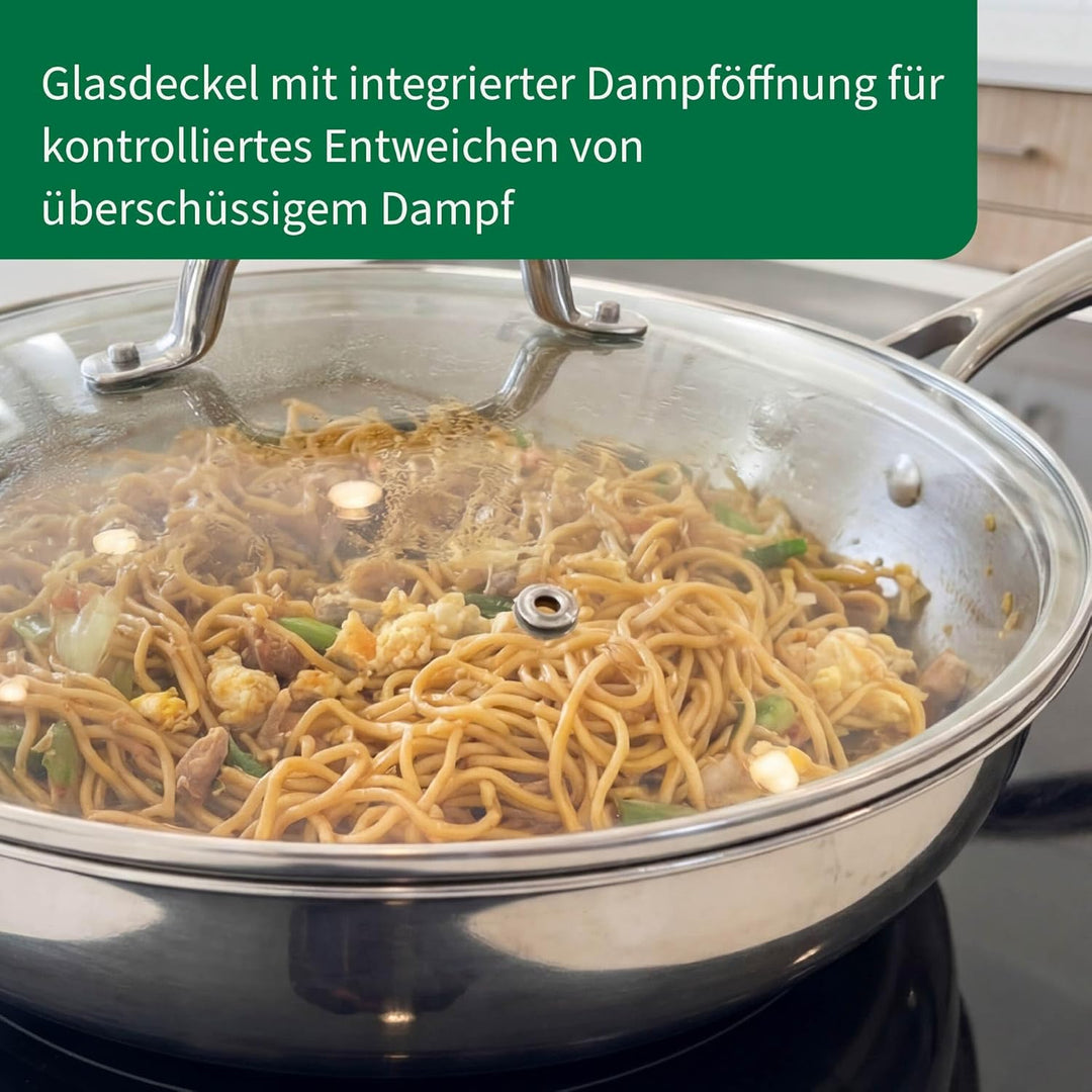 FACKELMANN Chefkoch trifft Wok Rosenheim – Ø28 cm, Glasdeckel inkl. Dampföffnung und Aluminiumkern,