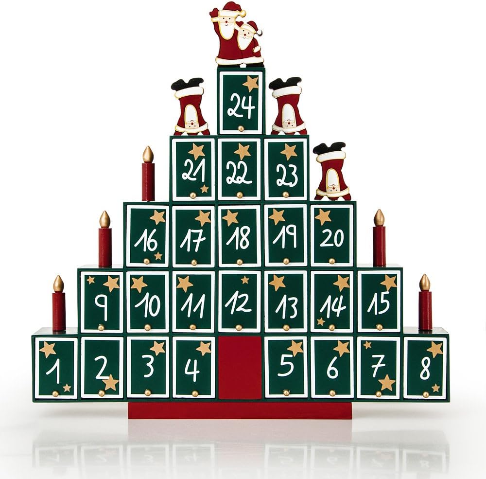 Spielwerk® Wiederverwendbarer Adventskalender Tannenbaum zum Befüllen 24 Türchen Bunt Bemalt Weihnac