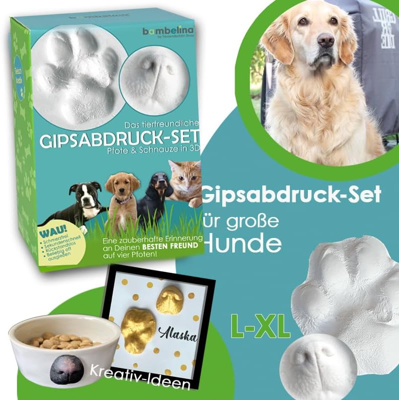 bambelina® Gipsabdruck Set Hundepfote und Hundenase. Verewigen Sie die Pfote + Schnauze vom Hund in