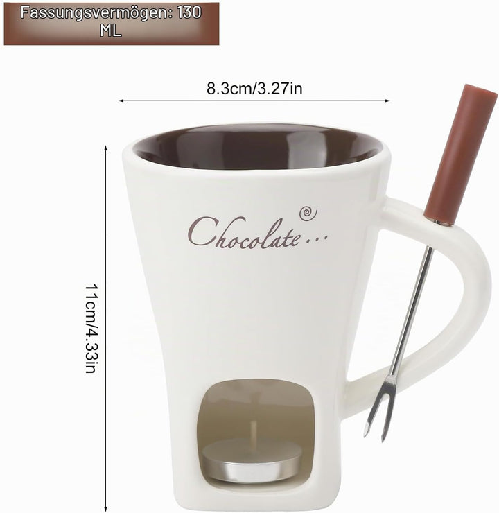 Schokofondue Tasse Keramik Schokoladenfondue mit Gabeln,200ml Keramik Schokoladenfondueset,Becher zu