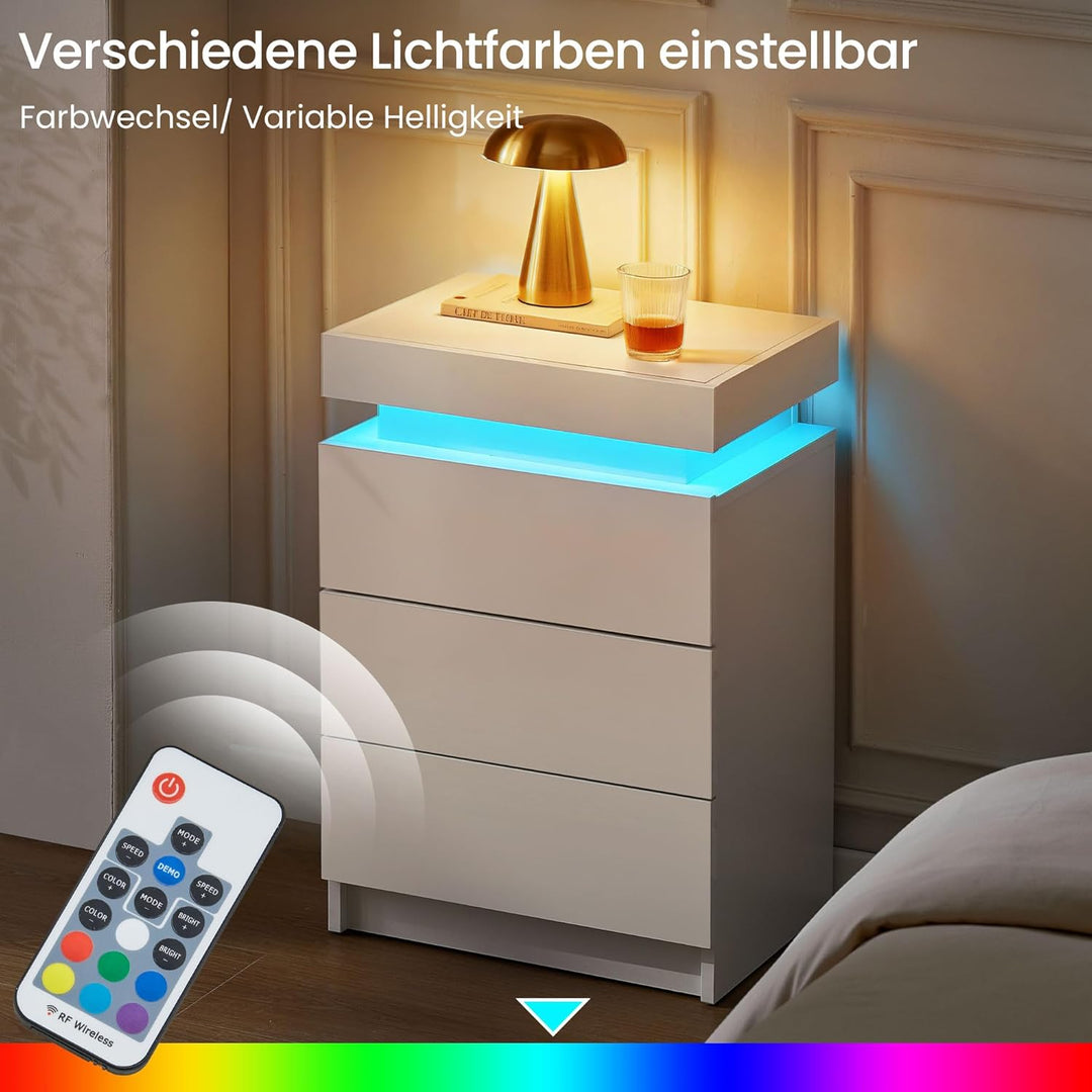 CLIPOP Moderner Nachttisch Hochglanzfront Kommode mit 3 Schubladen mit LED-Lichtern, 3 Schubladen Sc