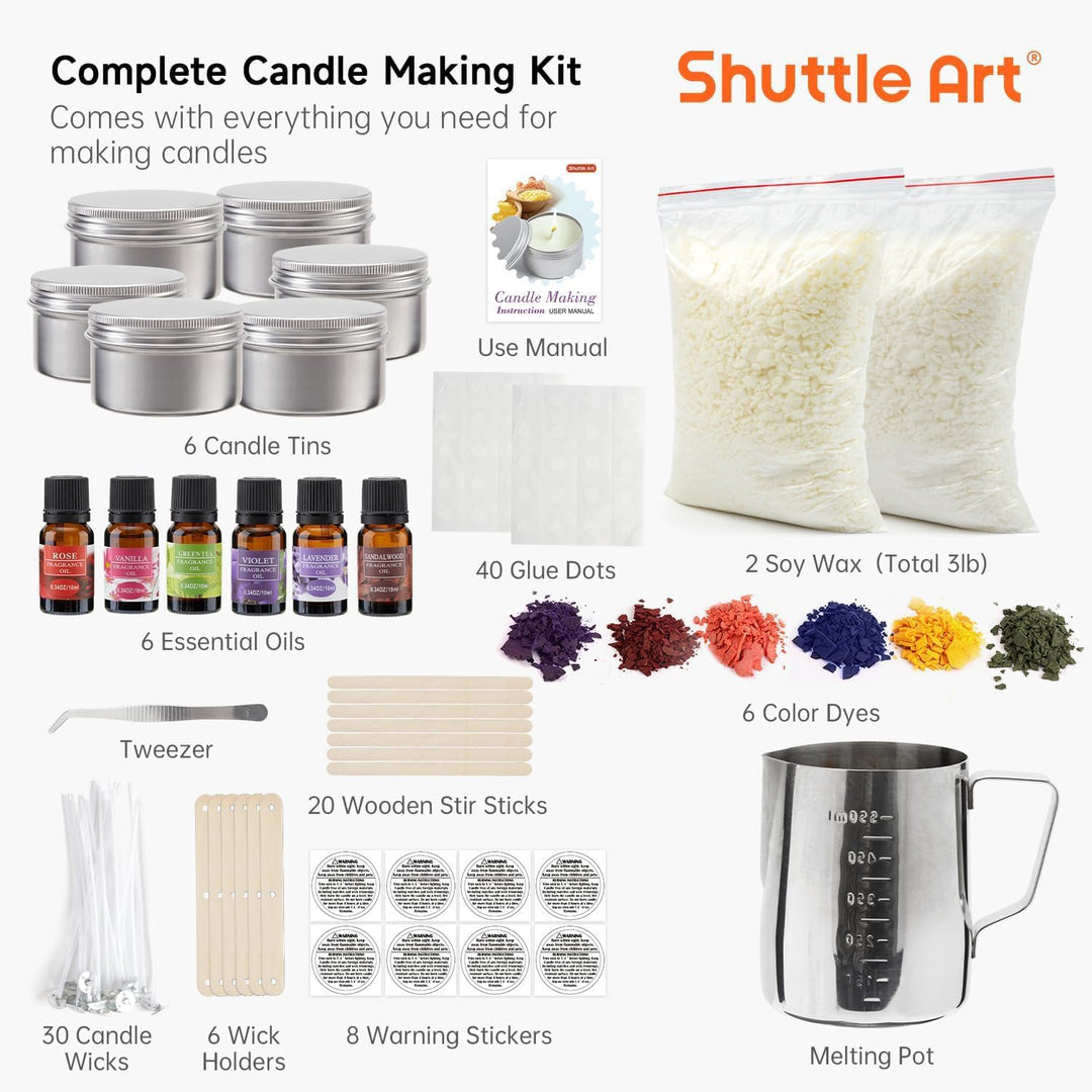 Shuttle Art DIY Kerzenherstellung Set mit 1,36kg Sojawachs, Schmelztopf, Duftöl, Dochten, Kerzendose