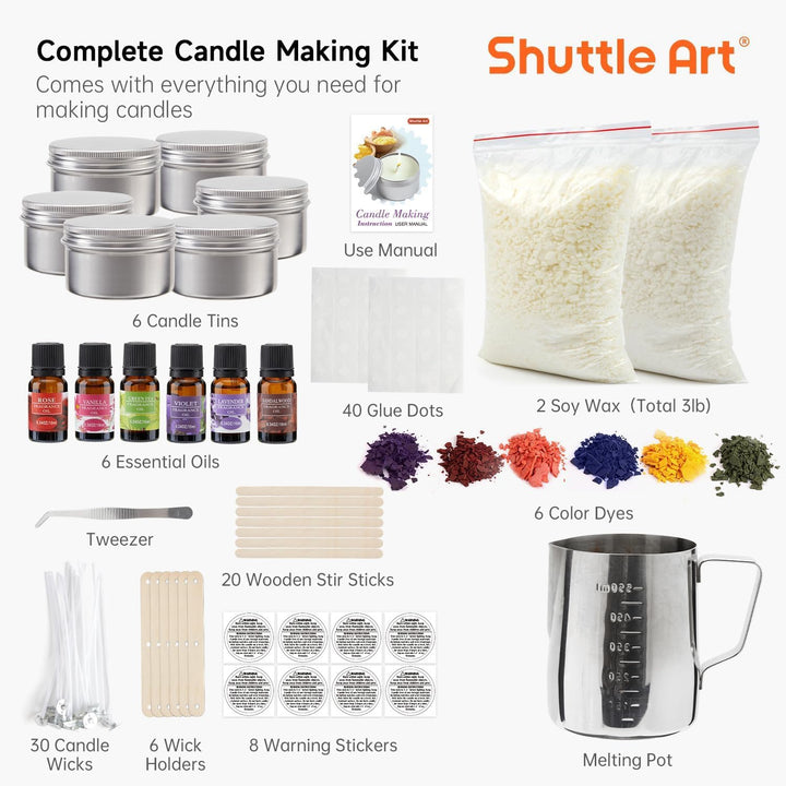 Shuttle Art DIY Kerzenherstellung Set mit 1,36kg Sojawachs, Schmelztopf, Duftöl, Dochten, Kerzendose