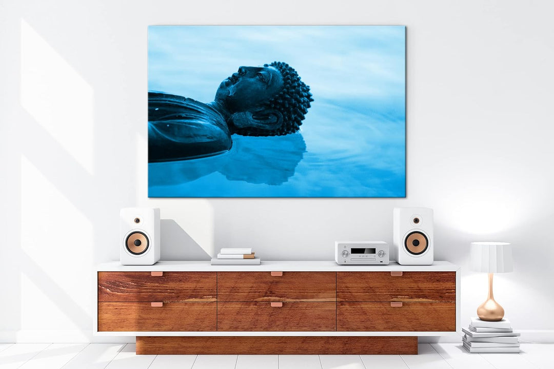 deyoli Buddha Statue am Wasser Format 80x60 Effekt: Monocrome Blau als Leinwandbild, Motiv fertig ge