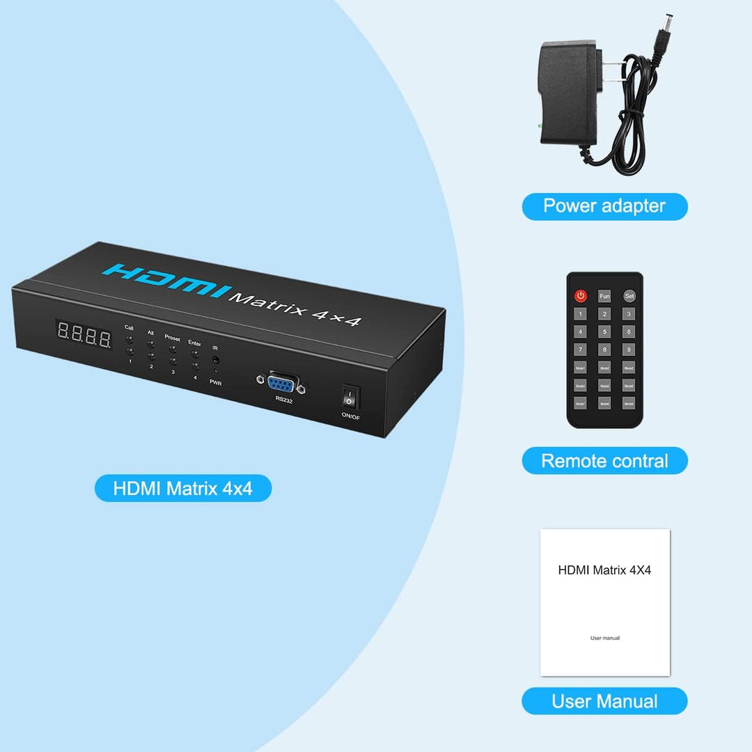 HDSUNWSTD HDMI Matrix Switch 4x4,4K HDMI Matrix Switcher Splitter 4 in 4 Out Box mit RS232 & IR & Bu
