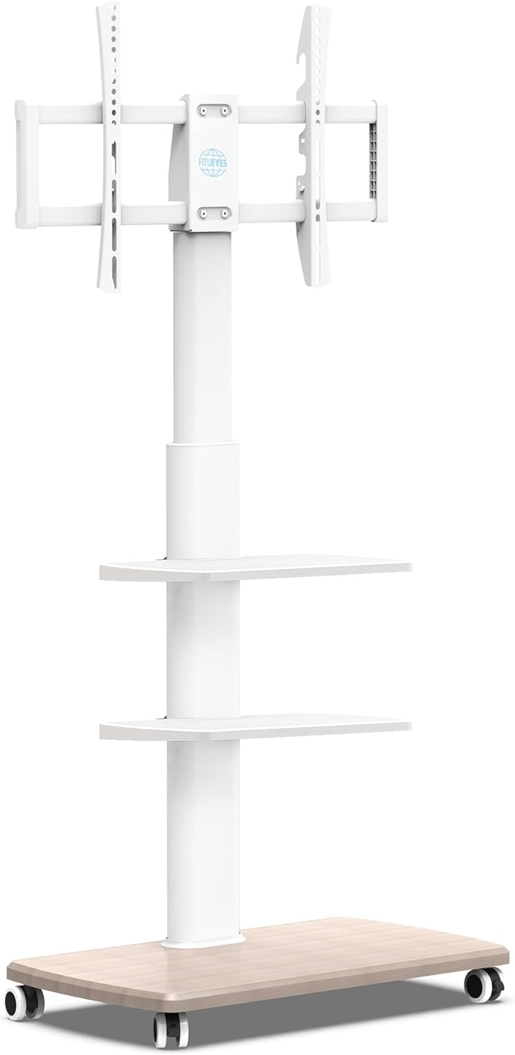 FITUEYES TV Bodenständer Rollbar mit 3 Ablagen TV Standfuss TV Ständer Fernsehstand mit Rollen höhen