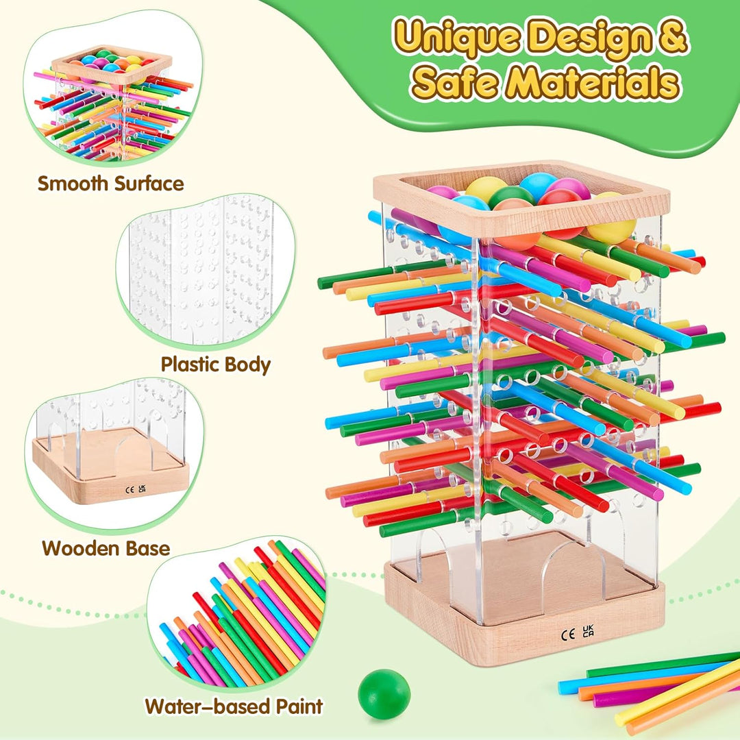 Montessori Spiel Brettspiel aus Holz, 48 Bunte Stäbchen Würfelspiel zur Feinmotorik & Mathe, Lernspi